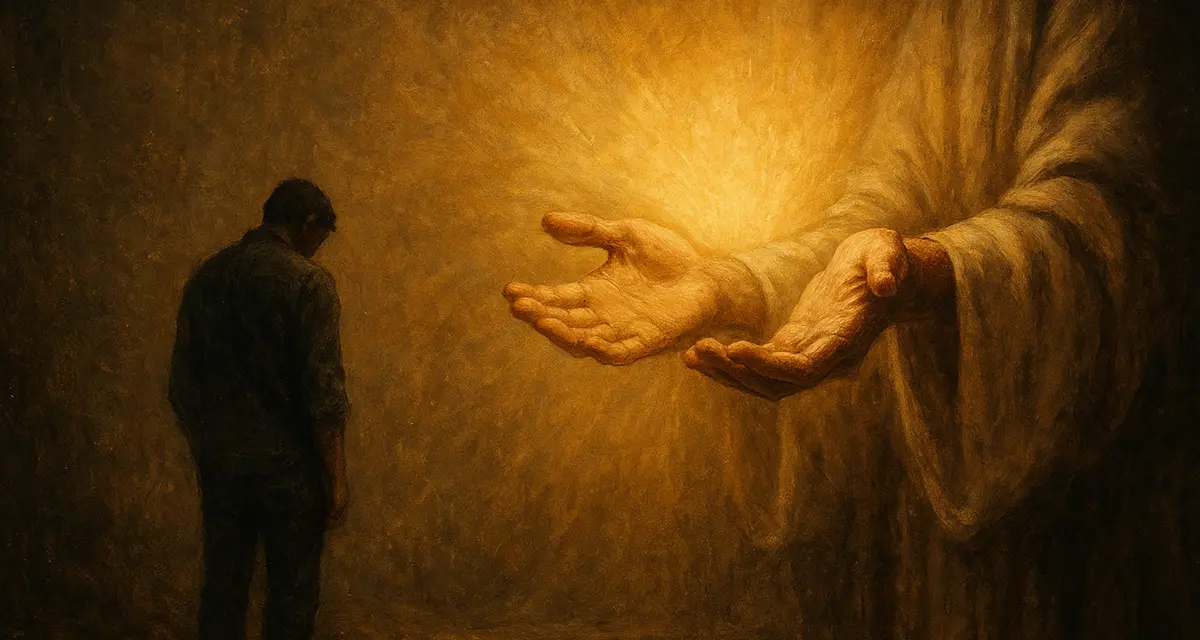 A shadowed figure faces glowing outstretched hands, symbolizing divine judgment and mercy in the midst of darkness.