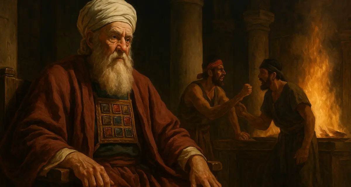 Priest Eli sitting while two men argue