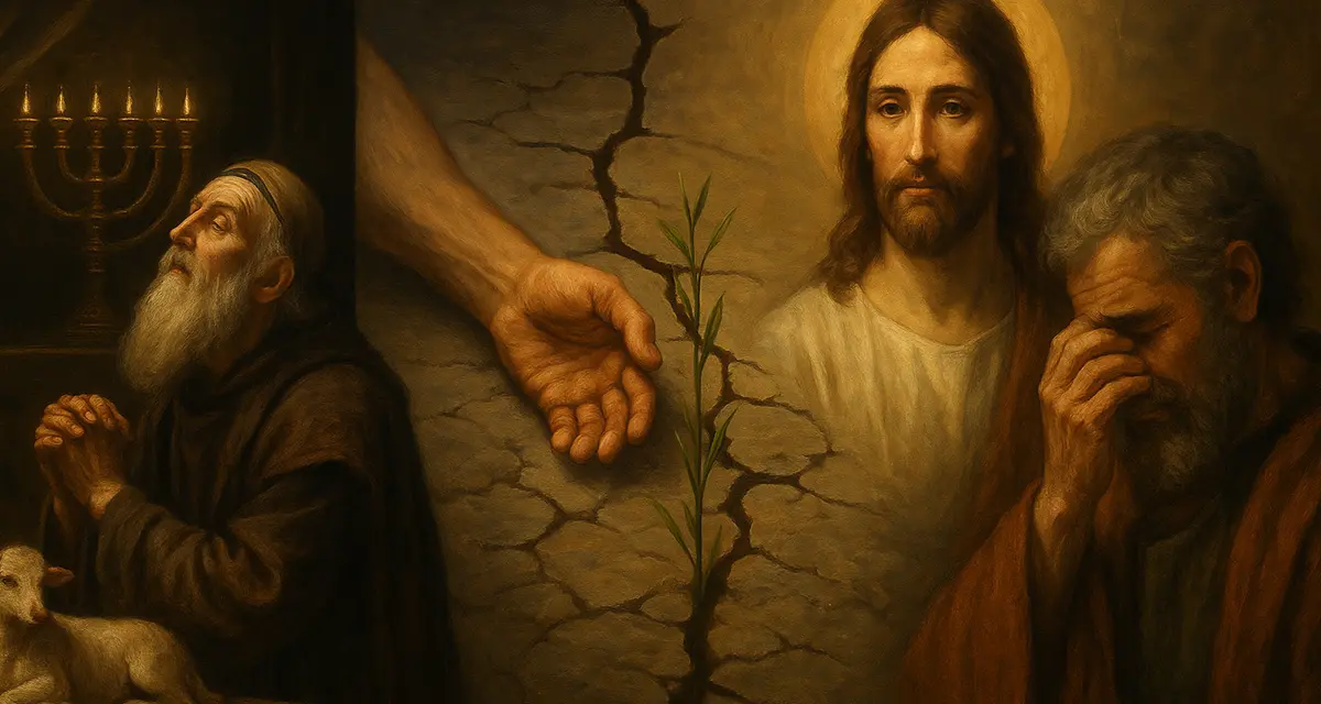When sin runs deeper: Eli praying, Jesus, Peter and a hand tending a plant in dry soil.