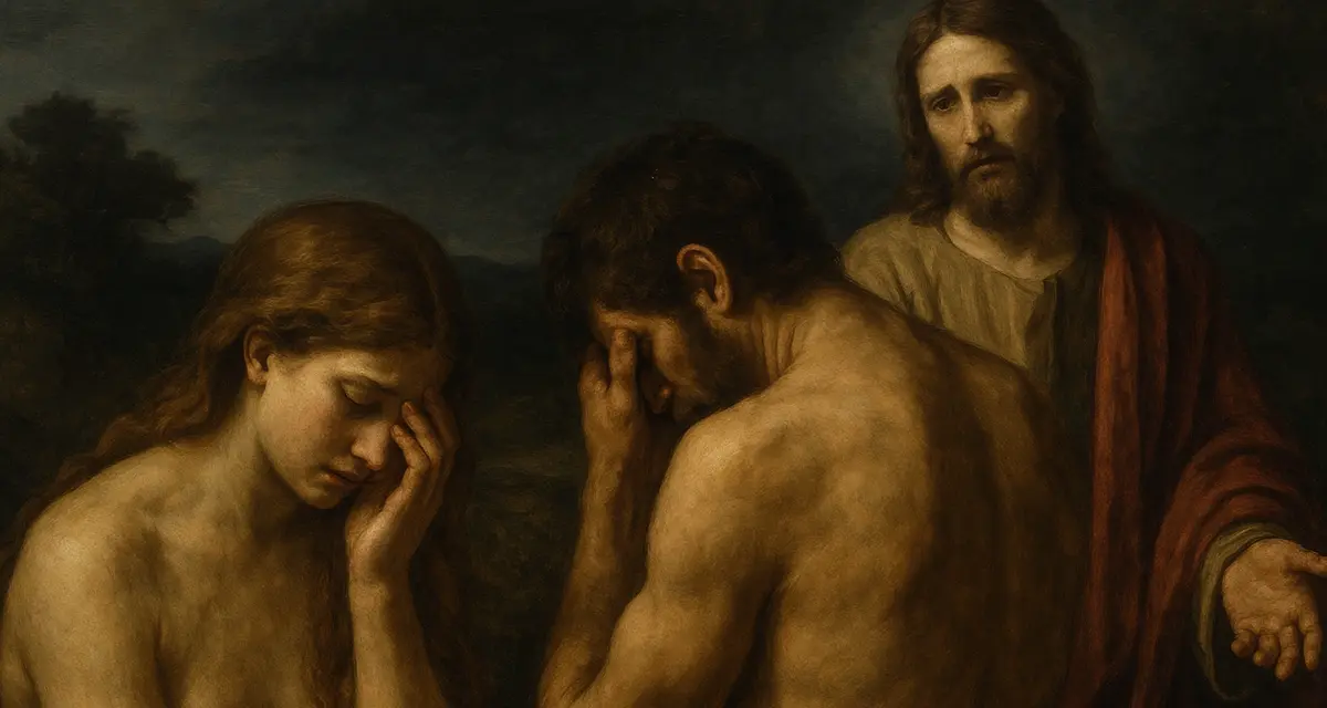 Adam and Eve weep in sorrow as Jesus stands behind them, embodying love and compassion.
