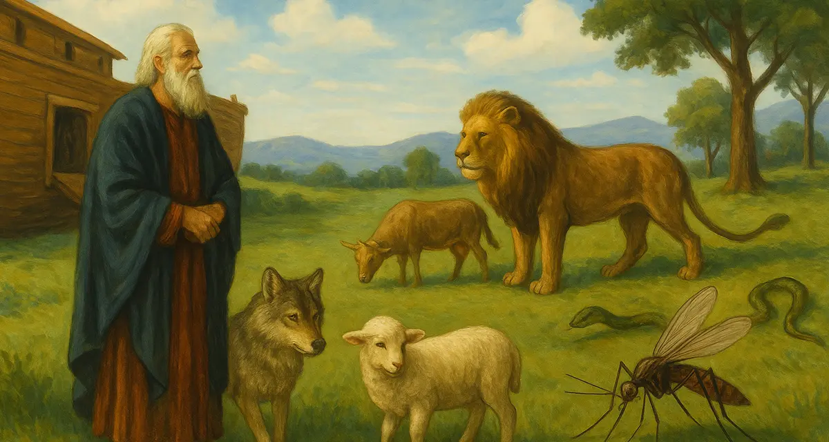 Noah and animals outside the ark.