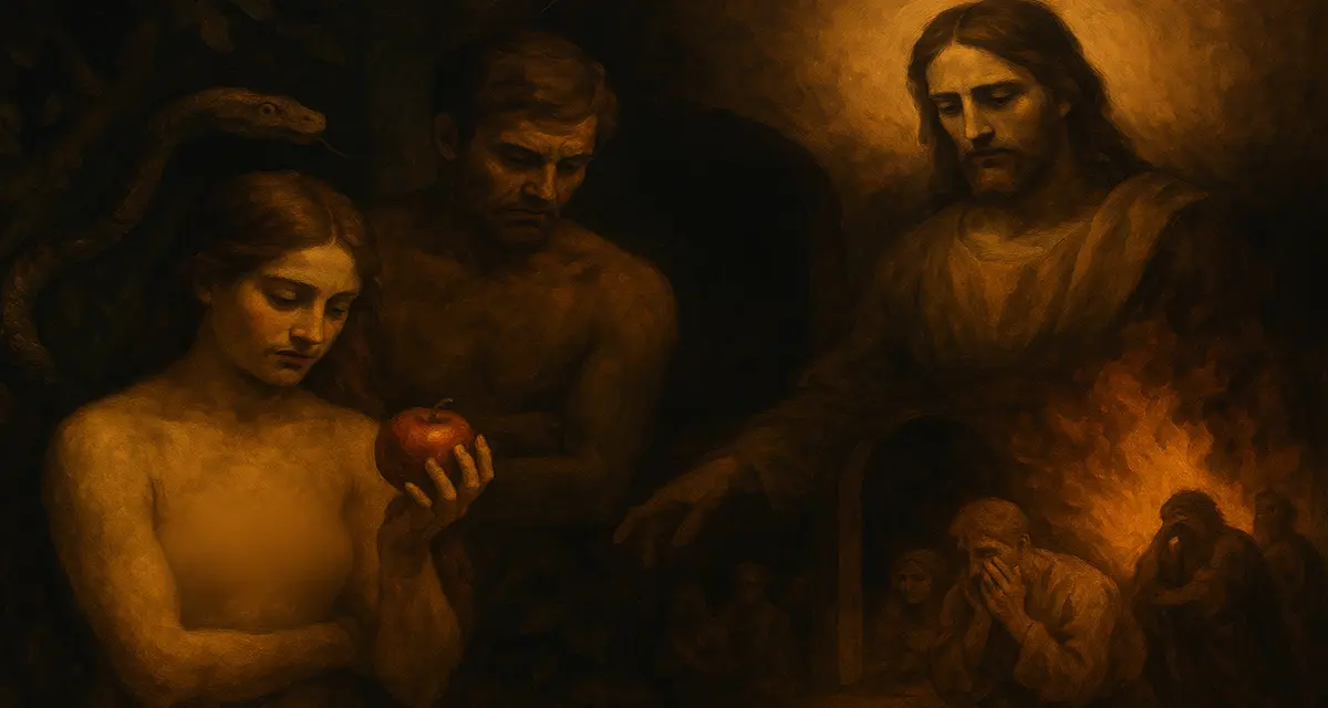 Scene displaying Adam, Eve holding the forbidden fruit, Jesus and down on the corner the condemnation