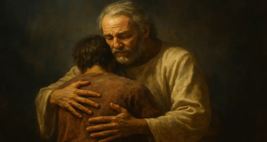 A father embracing his son, as God does when He corrects us by His mercy