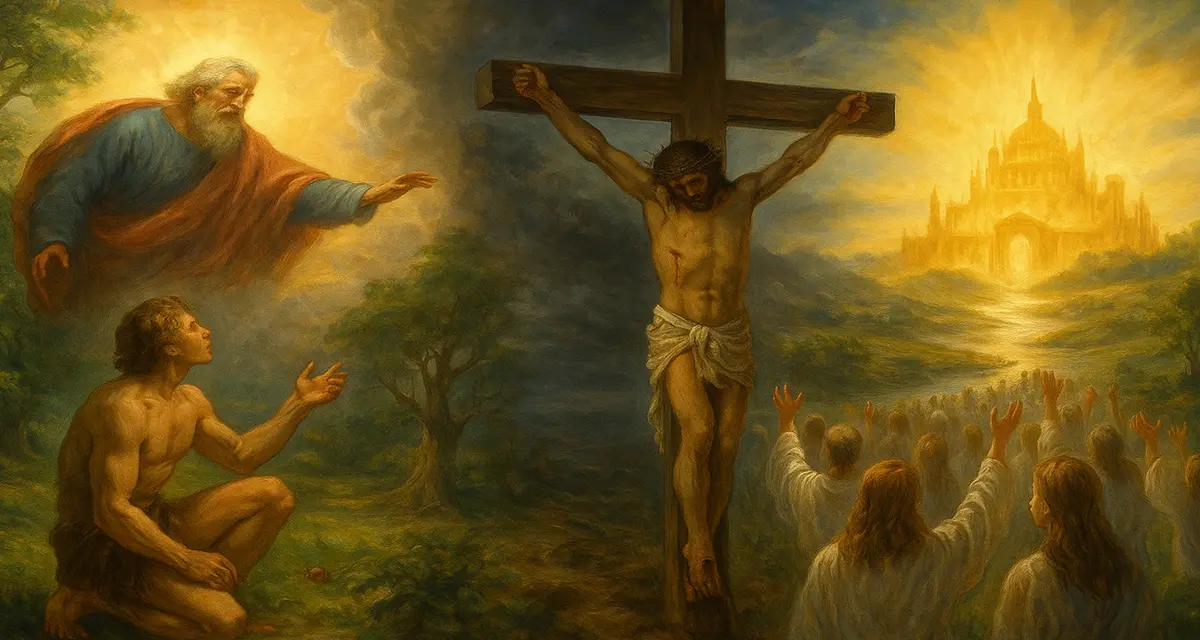 God the Father, Adam looking at Jesus at the cross, while the saints rejoice on their way to the eternal Jerusalem, depicting God's eternal plan.