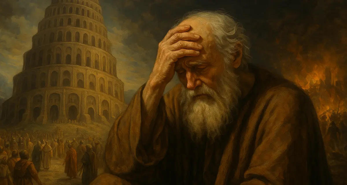 Noah grieving over the construction of the Tower Babel