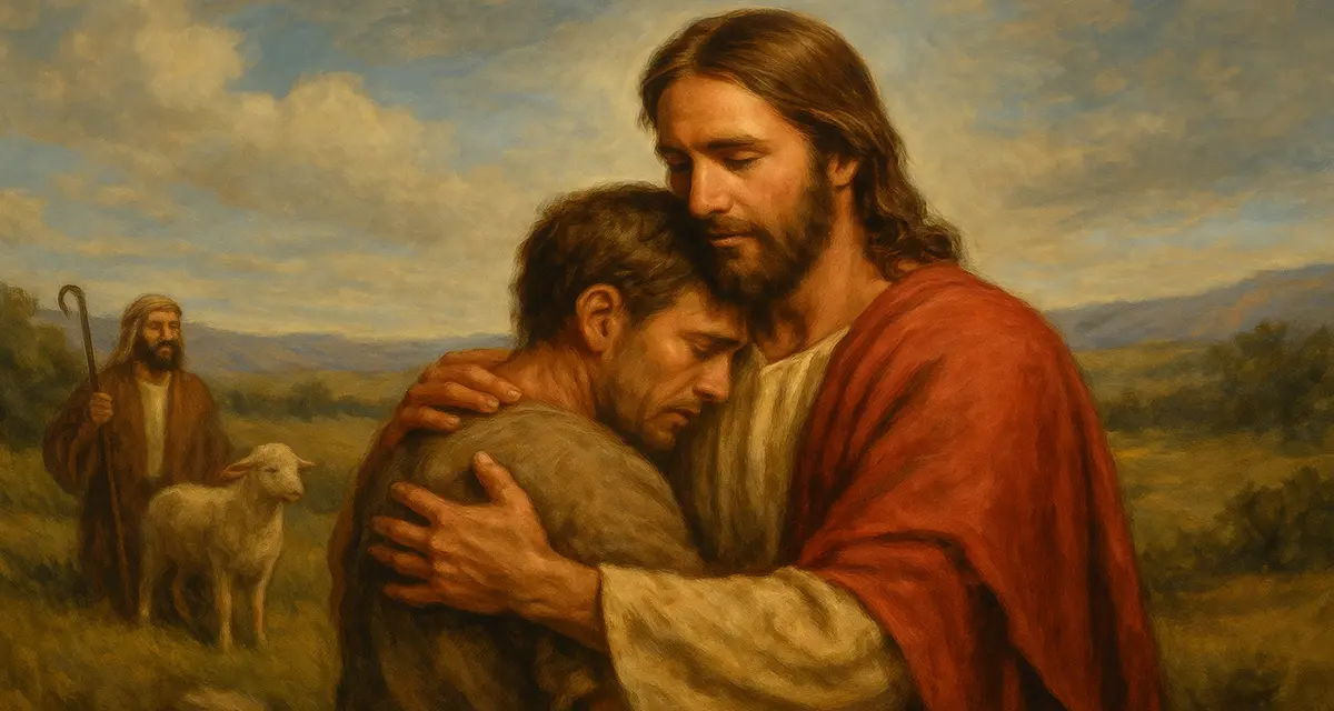 Jesus embracing a sinner with His grace