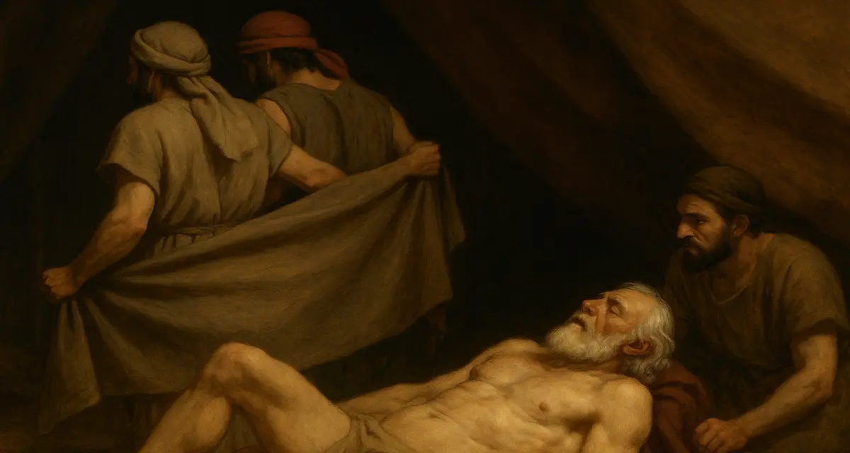 Ham looking at his father sleeping, while Shem and Japheth honor their father walking backwards to cover him.