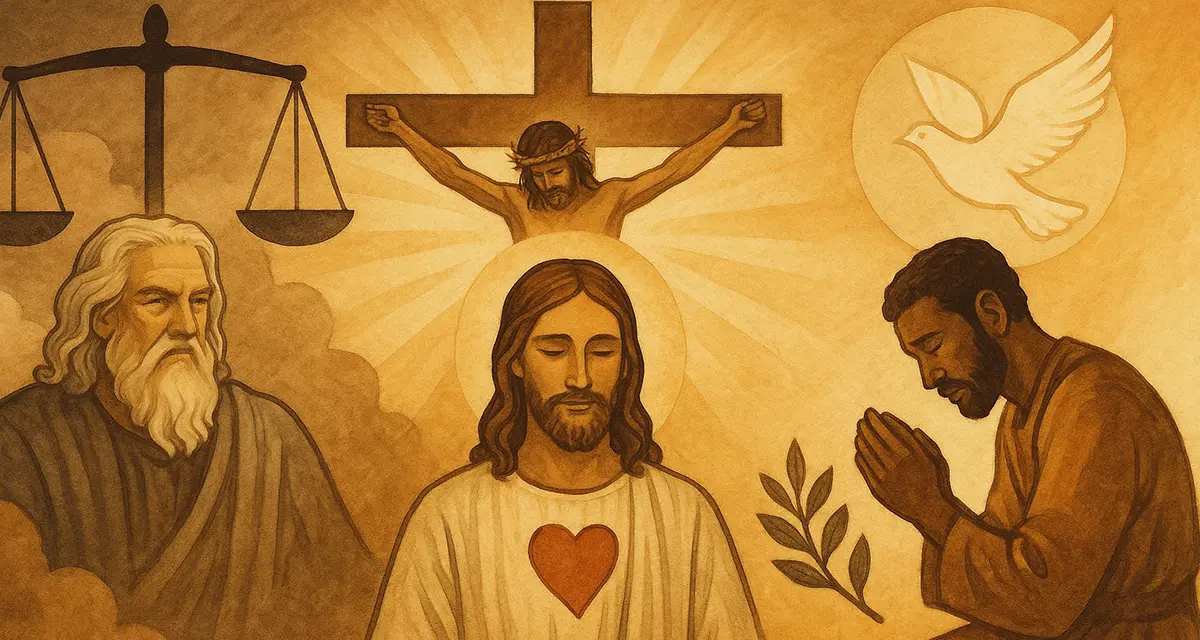 God with a scale, a man praying, a flying dove and Jesus in the center representing God's righteousness