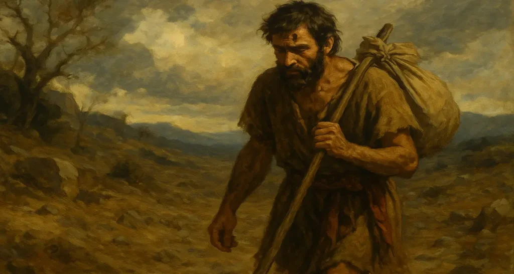 A man carrying a bindle representing Cain leaving the land behind and the mercy of God not destroying him.
