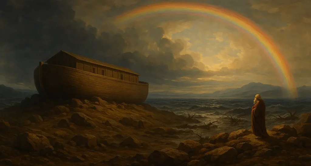 Noah looking at the ark, thinking of the meaning of the flood