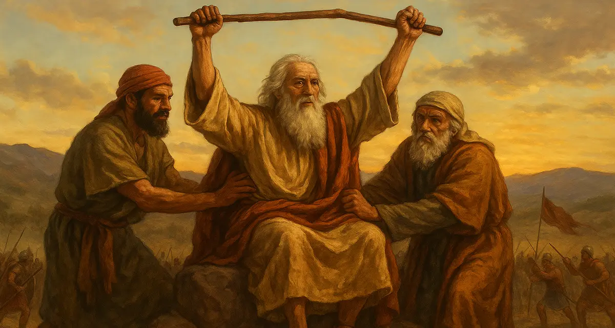 Moses with raised hands, helped by Aaron and Hur