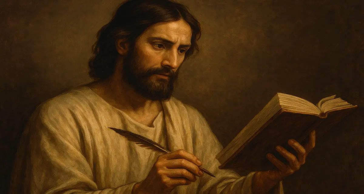 A man reading a book with a feather pen in his hand displaying holy curiosity