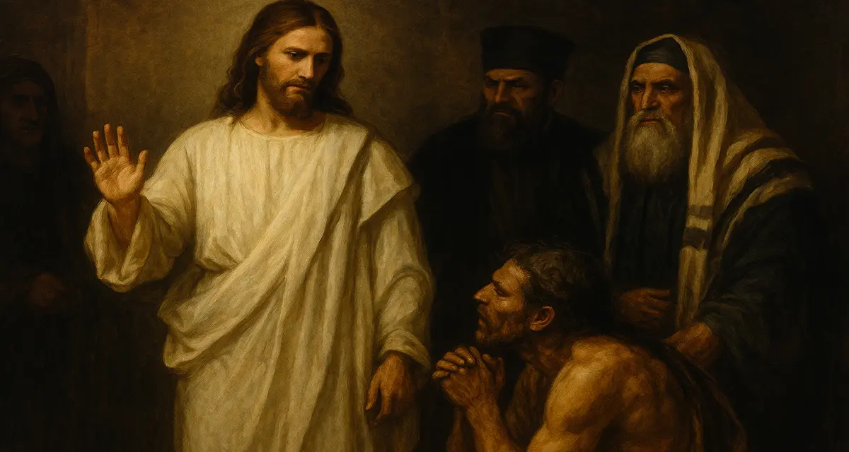 A man knelt down at the feet of Jesus in worship, and religious leaders observing.