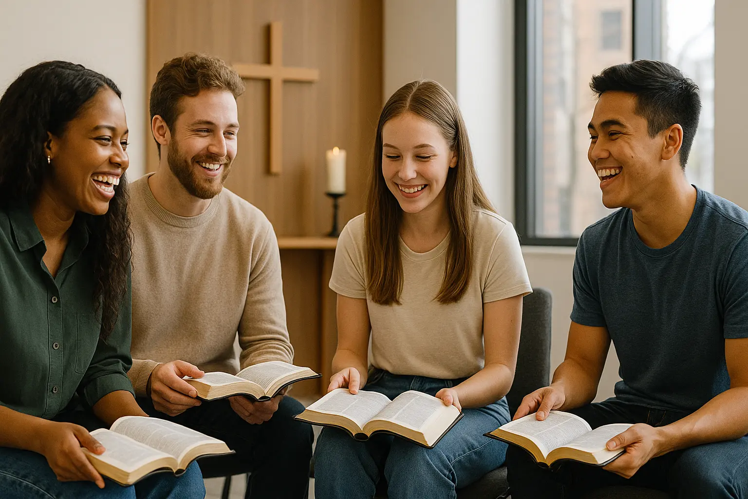 Group of happy young adults studying the Bible