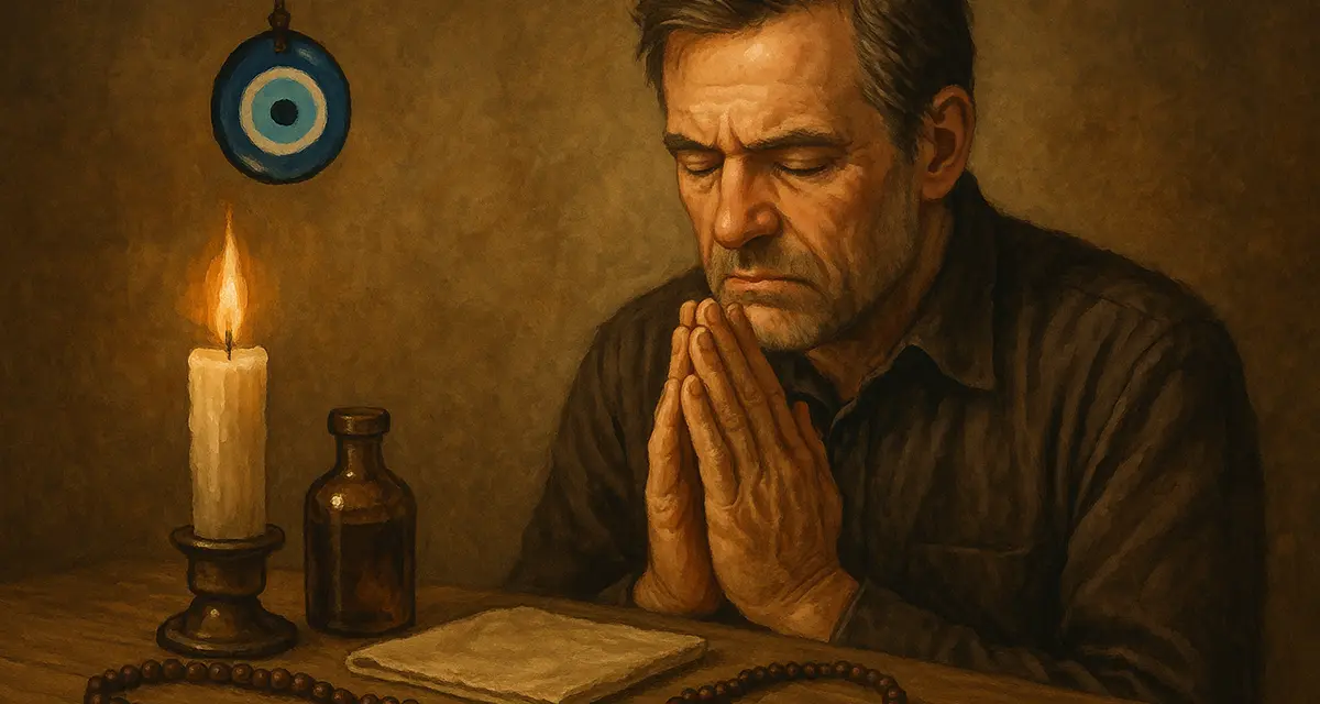 A man prays solemnly beside a table holding superstitious objects—an evil eye amulet, a candle, a vial, and prayer beads—highlighting the tension between sincere faith and reliance on symbolic rituals.