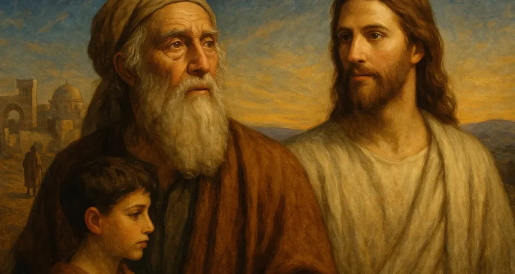Abraham, Isaac and Jesus together depicting the covenant fulfillment
