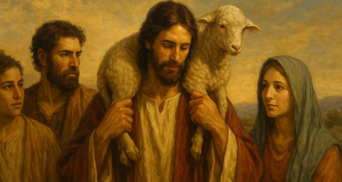 A traditional-style painting depicting Jesus carrying a lost sheep on His shoulders in a golden-hued landscape, symbolizing divine grace and redemption; nearby stand Judah, Joseph, and Rahab, softly illuminated, representing God's gracious choice of the unexpected and undeserving in the lineage of Christ.