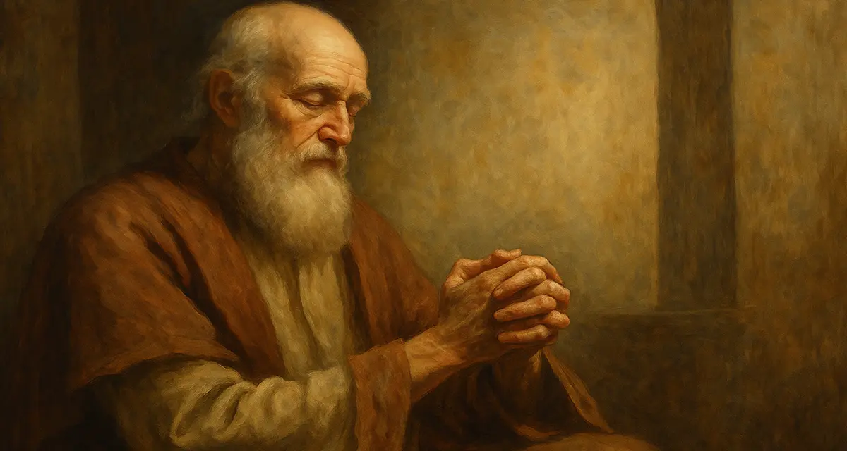 An elderly man with closed eyes sits peacefully in warm, soft light, his hands resting gently in stillness—capturing a quiet moment of trust, reflection, and waiting on a faithful promise.