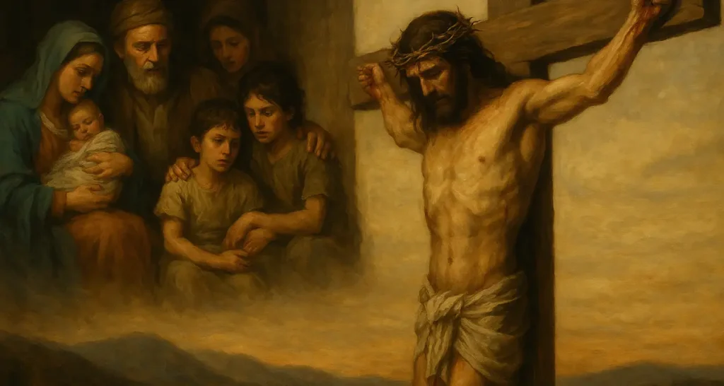 A traditional-style painting illustrating the theme of redemption, with Jesus crucified on the right side and a sorrowful biblical family gathered on the left, bathed in warm, golden light.