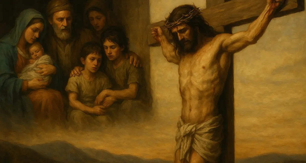 A traditional-style painting illustrating the theme of redemption, with Jesus crucified on the right side and a sorrowful biblical family gathered on the left, bathed in warm, golden light.