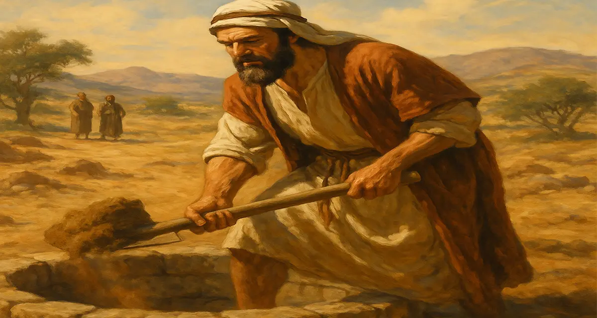 **Alt Text:** A realistic oil painting of a bearded Middle Eastern man in ancient attire digging a well with a shovel in a dry, sunlit desert landscape. Two distant figures watch from behind, with rolling hills, sparse trees, and a golden sky in the background. The scene conveys effort, perseverance, and solitude.