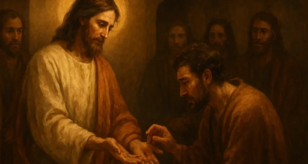 Warm, painterly scene of the resurrected Jesus gently extending His hand toward Thomas, who reaches out in hesitant wonder, while other disciples look on in soft, contemplative light.