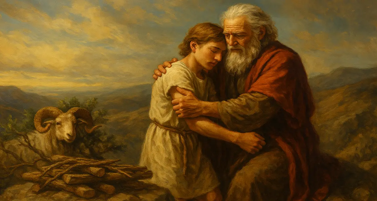Genesis 22 scene depicting Abraham and Isaac on a mountain with a ram caught in a thicket, symbolizing divine provision and substitution.