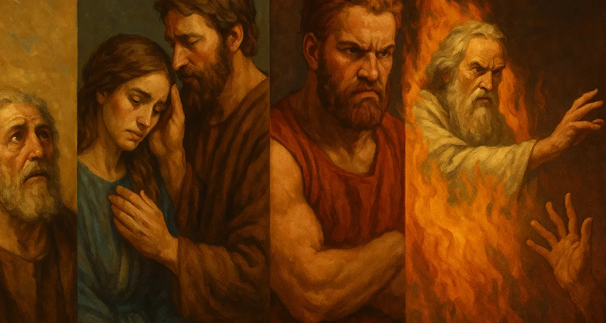 Contrasting biblical scenes of Jacob, Esau, Leah, and God's presence symbolized in fire - love and hate in the Scriptures.