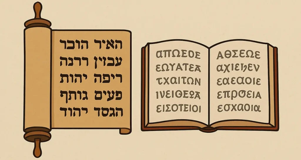 A parchment-textured illustration showing a Hebrew scroll on the left and a Greek codex on the right. The scroll features bold Hebrew characters, while the open codex displays stylized Greek script, symbolizing the Old and New Testaments side by side.