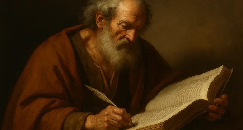 An elderly man with a white beard and thoughtful expression sits in warm, dramatic lighting, attentively studying an aged book with a quill in hand—capturing the essence of humble attentiveness to wisdom and Scripture.