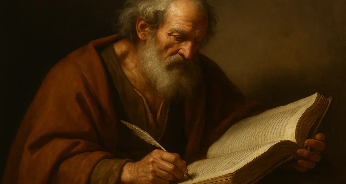 An elderly man with a white beard and thoughtful expression sits in warm, dramatic lighting, attentively studying an aged book with a quill in hand—capturing the essence of humble attentiveness to wisdom and Scripture.
