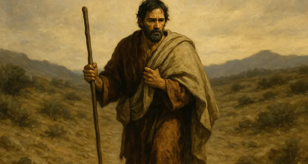Jacob walking alone through a barren wilderness with only a staff, symbolizing the unworthiness of man and the faithfulness of a worthy God.