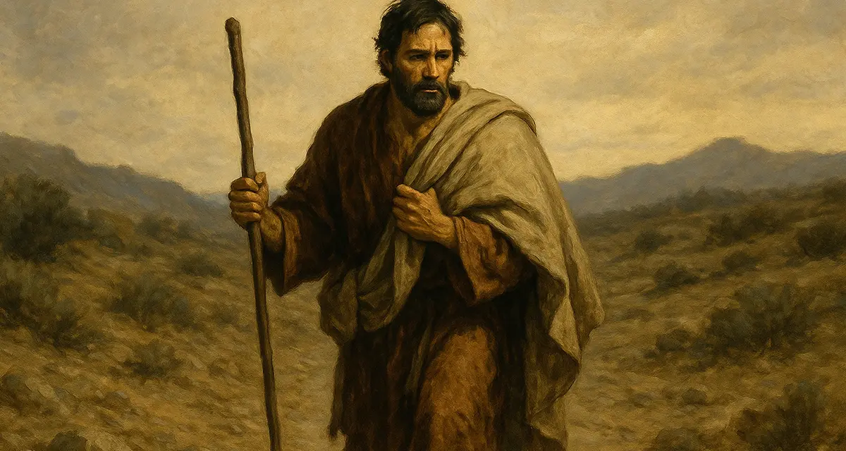 Jacob walking alone through a barren wilderness with only a staff, symbolizing the unworthiness of man and the faithfulness of a worthy God.
