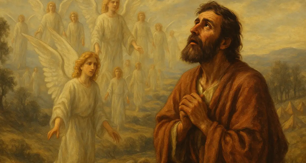 **Alt Text (SEO-Optimized):** "Jacob encountering angels at Mahanaim in a traditional biblical painting, symbolizing God's presence in times of fear and uncertainty"