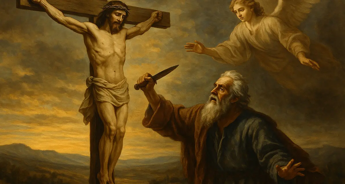 Traditional oil-style painting depicting the moment of salvation foreshadowed: Abraham raising a knife, halted by an angel, while Jesus hangs on the Cross in the background, symbolizing the ultimate sacrifice for humanity’s salvation.









Ask ChatGPT