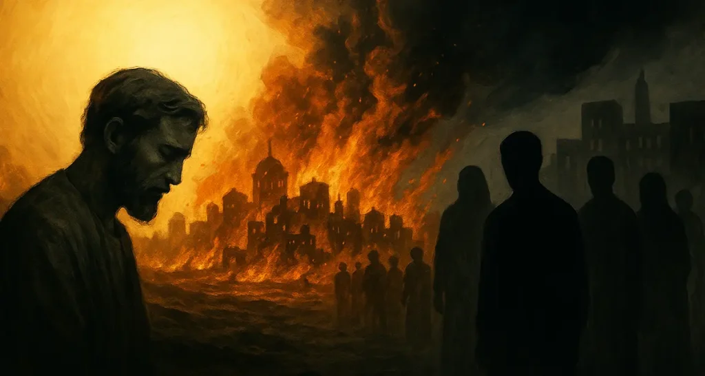 A digital painting showing a man in sorrowful reflection as a city burns in the background; shadowy figures stand in darkness on one side while sunlight breaks through on the other, symbolizing the contrast between spiritual light and spiritual darkness.