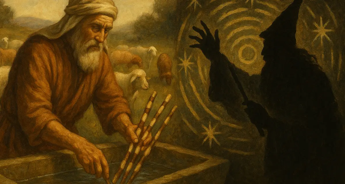 Traditional painting of Jacob placing striped sticks in water before sheep, symbolizing the biblical scene in Genesis 30 and contrasting ancient sympathetic magic with divine sovereignty.