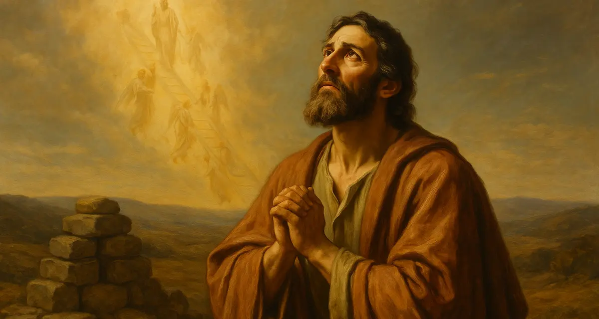 Jacob kneels in solemn repentance, hands clasped and eyes lifted toward a heavenly vision of angels ascending and descending a ladder, symbolizing divine grace and the beginning of his spiritual transformation.