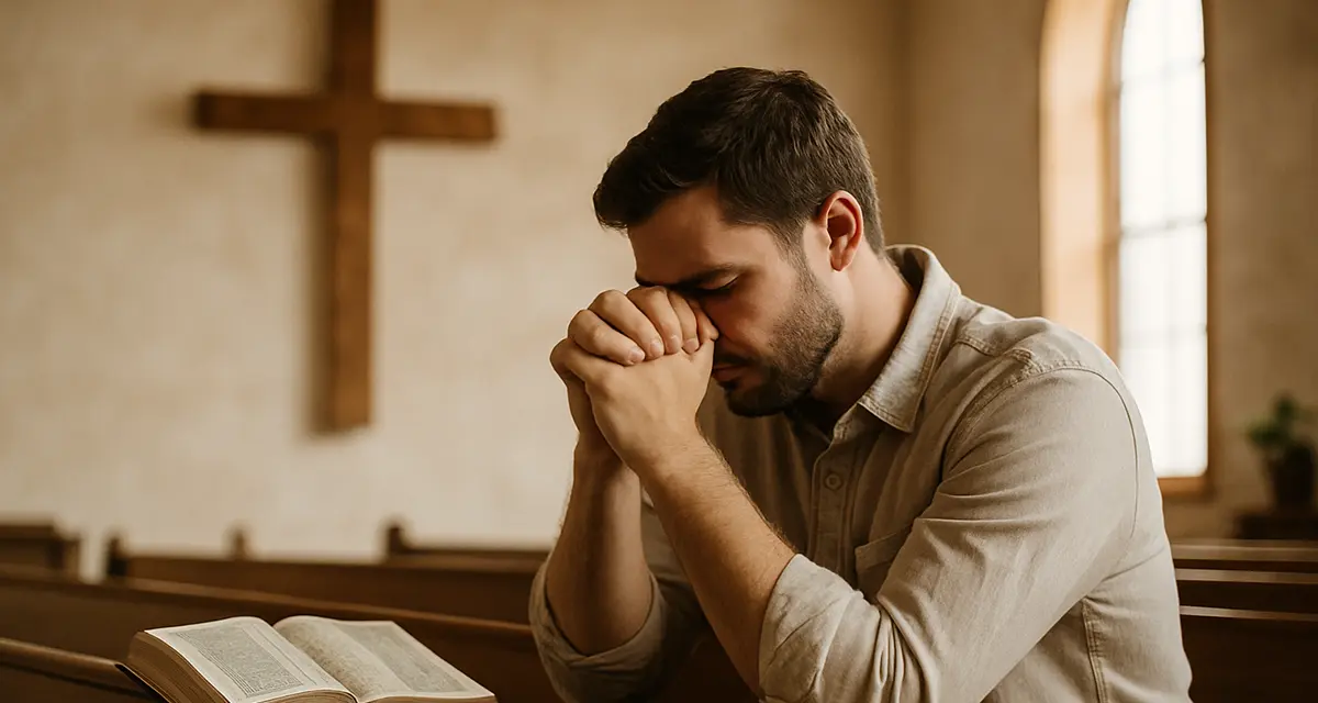 A man kneels in prayer inside a church, hands clasped before an open Bible, symbolizing trust-filled obedience and reverent worship.