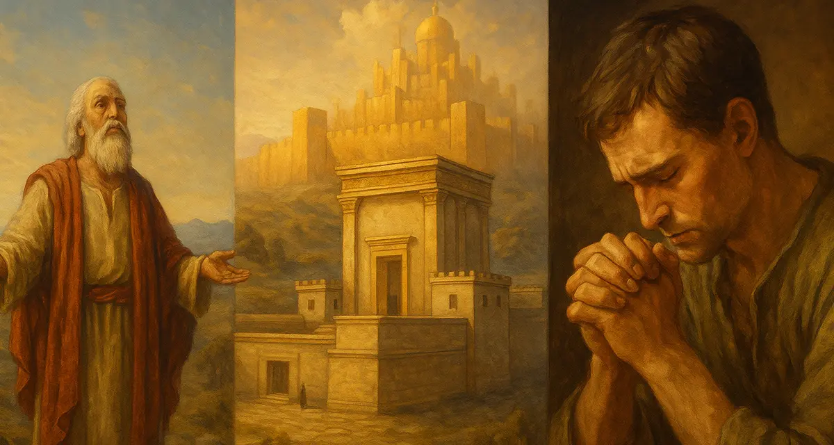 Triptych painting symbolizing the promise of God from Abraham to the New Jerusalem and personal prayer.