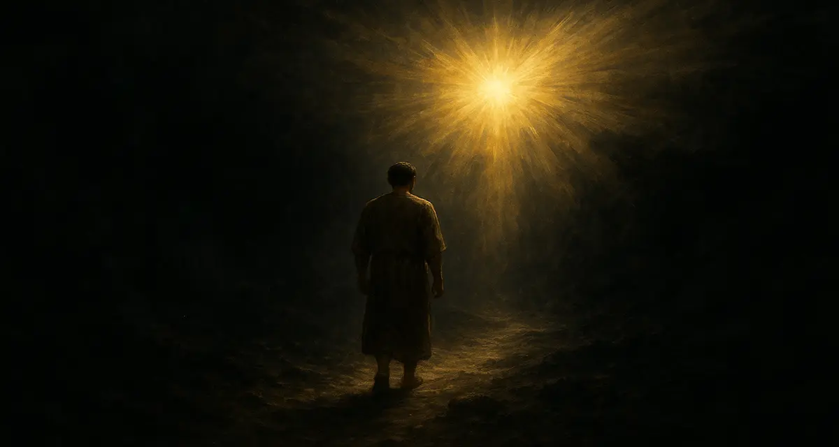 A solitary figure walks along a narrow, shadowy path illuminated by a radiant golden light from above, symbolizing divine presence and guidance amid darkness.