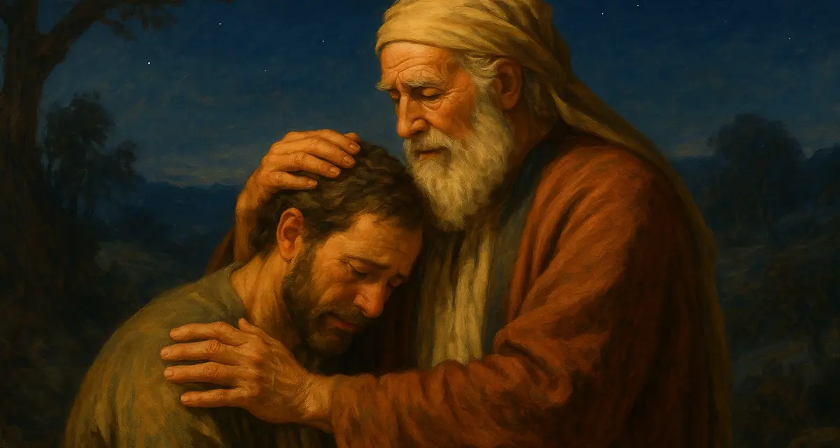An elderly father with a white beard tenderly embraces his adult son under a starlit night sky, conveying deep emotional comfort and reassurance.