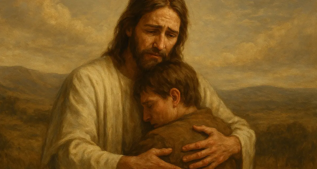 A traditional oil painting of Jesus Christ embracing a sorrowful young man in a warm, open landscape; Jesus' scarred hand is extended in comfort, symbolizing divine faithfulness and unwavering love despite human brokenness.