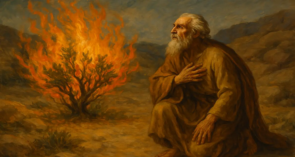 An oil painting of Moses kneeling before the burning bush, his hand over his chest, gazing intently at the vibrant flames, symbolizing God’s self-revelation as “I Am” in Exodus 3.