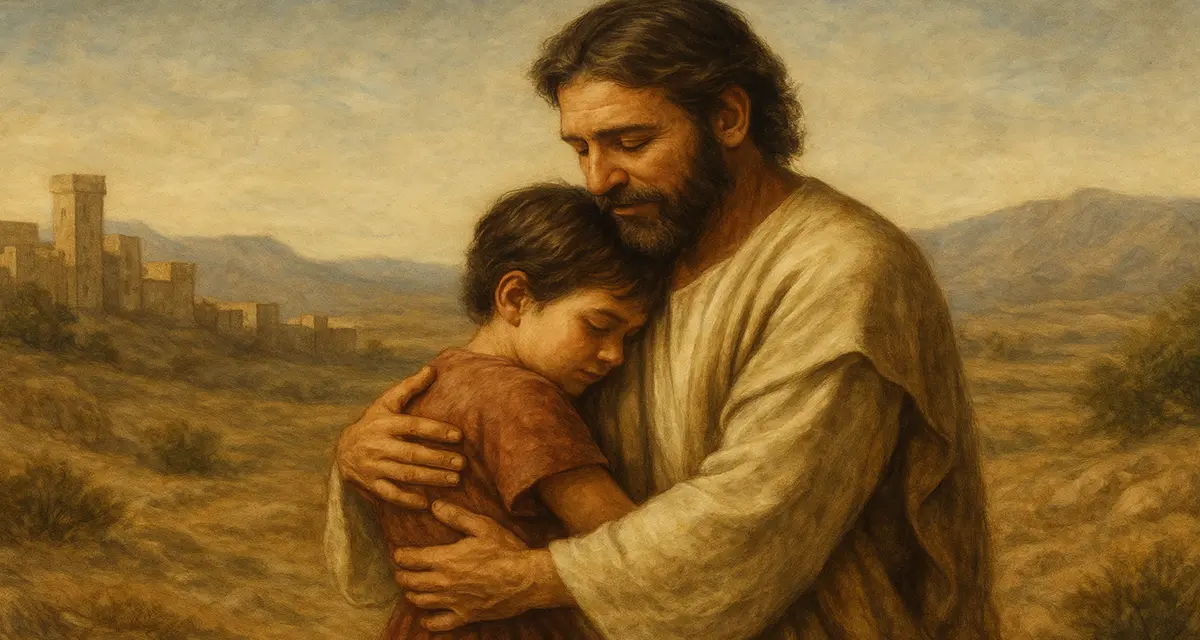 A warm, traditional-style painting of a biblical father with a graying beard tenderly holding his young child, set against the backdrop of an ancient city with rolling hills and a golden sky, symbolizing covenant identity, God’s unbreakable love, and the security of adoption.