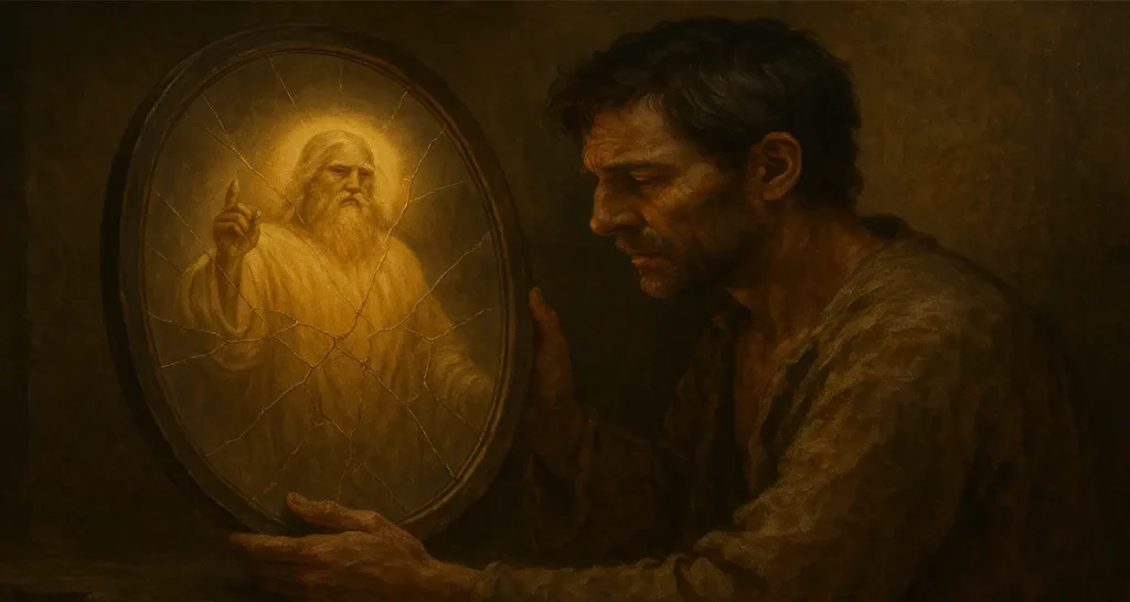 A solemn man with a weary expression holds a cracked mirror reflecting the glowing, ethereal image of God—an elderly, majestic figure in radiant robes. The scene is painted in warm, earthy tones, symbolizing the broken yet enduring connection between fallen humanity and the divine image.