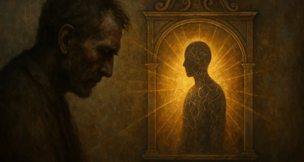 A weathered man in shadow gazes solemnly at a glowing, fractured human figure within a golden structure, symbolizing the broken yet enduring image of God within humanity and the longing for restoration.