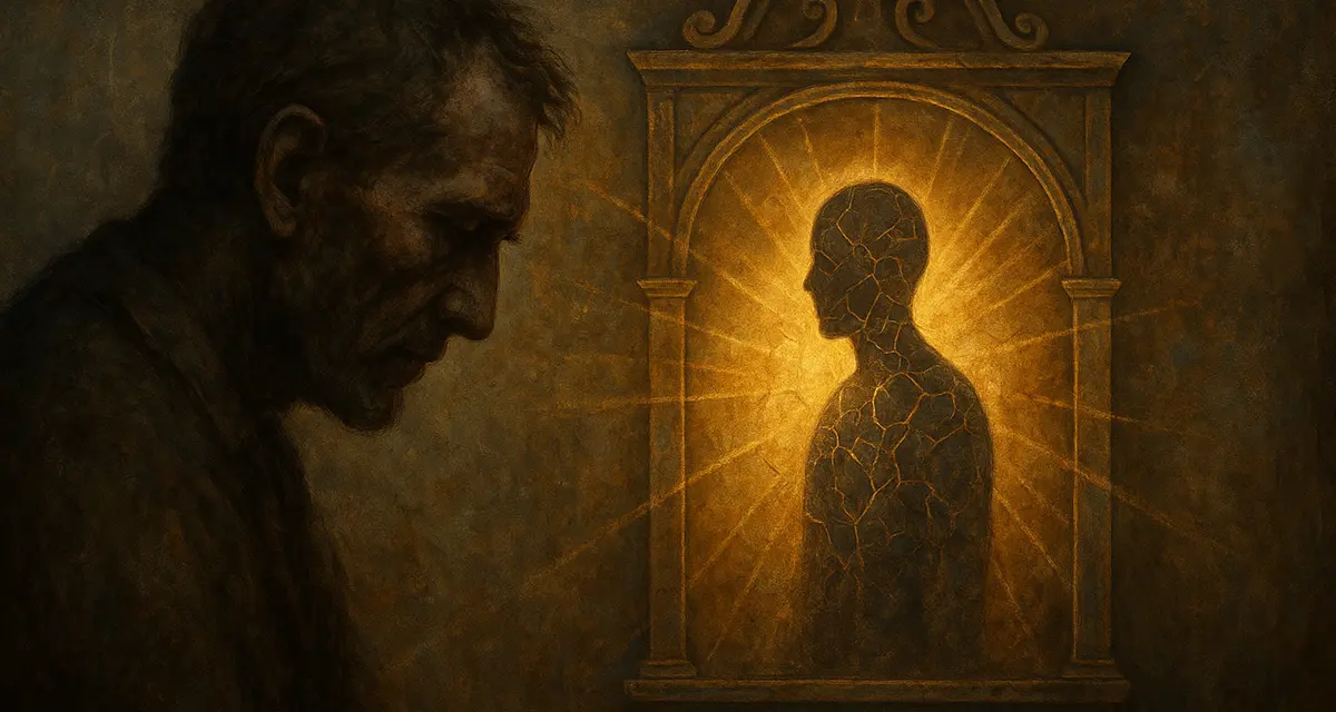 A weathered man in shadow gazes solemnly at a glowing, fractured human figure within a golden structure, symbolizing the broken yet enduring image of God within humanity and the longing for restoration.