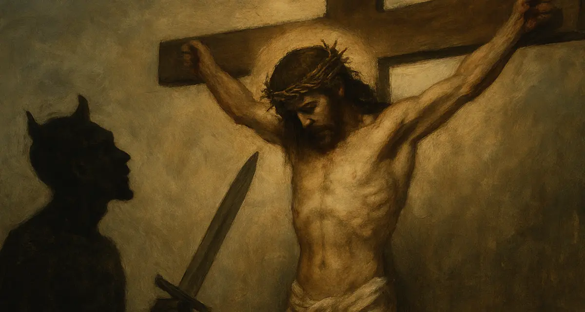 Traditional oil-style painting of Jesus crucified on the cross, crowned with thorns and radiating a soft halo of light, embodying grace and sacrifice, while a shadowy, horned figure representing evil stands below with a sword, defeated by the grace pouring from the cross.