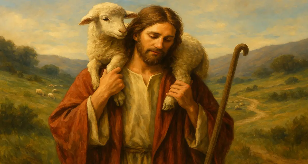 A serene countryside scene of Jesus as the Good Shepherd, gently carrying a lost sheep on His shoulders, wearing a cream robe and red cloak, with a flock grazing in the rolling hills under a warm, glowing sky, fulfilling his promise.